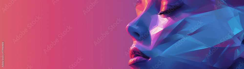 Poster a colorful abstract face made of triangles. concept of creativity and imagination