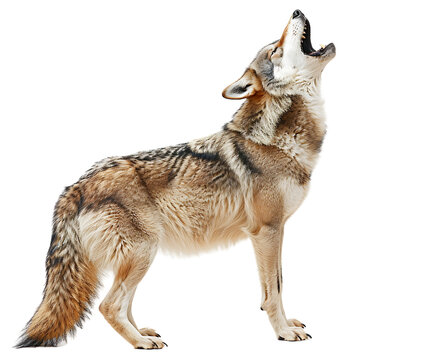 Howling wolf, full body standing on the ground, white background