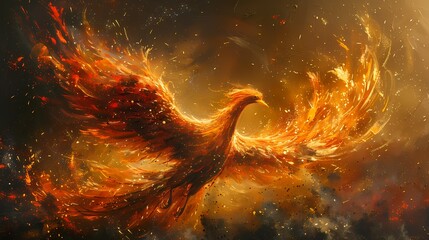 A majestic phoenix kite rising from the ground, its fiery plumage ablaze with brilliant hues of orange and red
