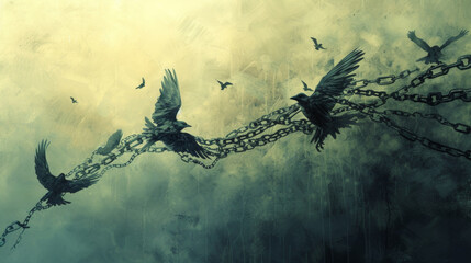 Painting of a Chain With Birds - obrazy, fototapety, plakaty