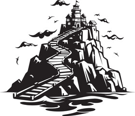 Oceanic Overlook Stair Logo Design on Rocky Island Seaside Serenity Stair Emblem on Rocky Outcrop
