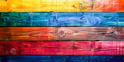 Rainbow-colored painted wooden planks arranged horizontally with visible wood grain and knots. Vibrant, artistic, and textured background.