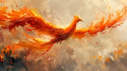 A majestic phoenix kite rising from the ground, its fiery plumage ablaze with brilliant hues of orange and red