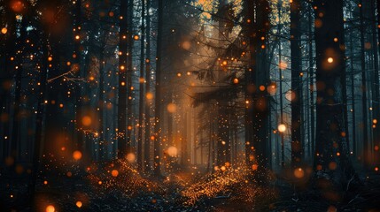 Dark magic forest with orange sparkles. Generative AI.