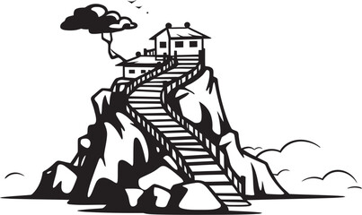 Seashore Summit Rocky Island with Stair Emblem Coastal Calmness Stair Icon on Rocky Island