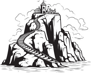 Island Escapade Rocky Island Stair Logo Icon Oceanic Overlook Stair Emblem on Rocky Outcrop