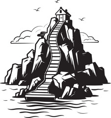 Cliffside Climb Stair Iconography on Rocky Island Seabreeze Sanctuary Stair Logo Design on Rocky Outcrop