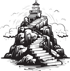 Seabreeze Sanctuary Stair Logo Design on Rocky Outcrop Island Majesty Stair Symbol on Rocky Island - obrazy, fototapety, plakaty
