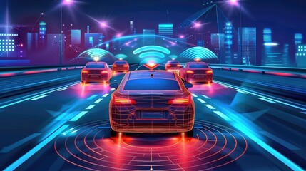 Future Adaptive Cruise Control Sensing Nearby Vehicles and Pedestrians - obrazy, fototapety, plakaty