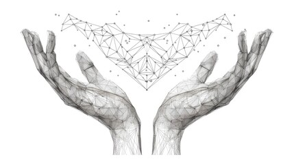 Harmonious Intersection of Art and Science: A Detailed Illustration of Hands Holding a Geometric, Constellation-Like Heart