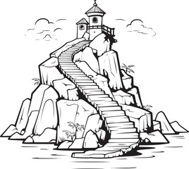 Coastal Calmness Stair Icon on Rocky Island Emblem Shoreline Summit Rocky Island Stair Logo Design