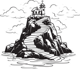 Seaside Sanctuary Stair Symbol on Rocky Island Logo Island Ascent Stair Logo Design on Rocky Outcrop - obrazy, fototapety, plakaty
