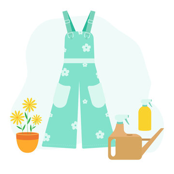 Garden. Vector image of garden clothes and flowers in a pot with watering cans and a sprayer for watering. Set of icons. Flat design.