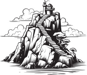 Summit Serenity Stair Logo Design on Rocky Island Coastal Calmness Stair Emblem on Rocky Outcrop