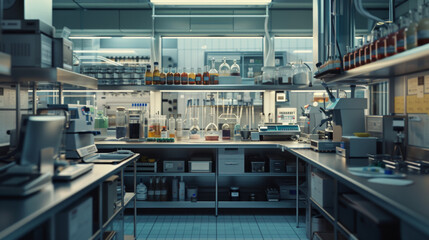 A modern food research laboratory with analytical instruments and testing equipment, momentarily still but ready to analyze food samples for quality control