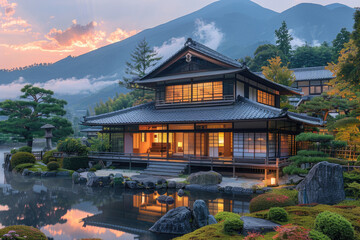 A traditional Japanese house, with its wooden frame and thatched roof