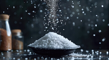 A salt levitating off a black table, black background. Generative AI.