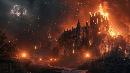 Gothic castle engulfed in flames at night - An epic scene depicting a medieval castle burning fiercely, with a moon partially obscured by ash and embers falling like rain - obrazy, fototapety, plakaty