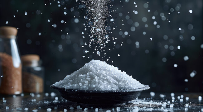 A salt levitating off a black table, black background. Generative AI.