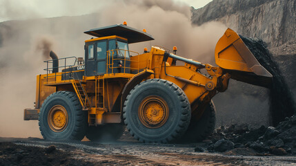 Fototapeta premium Powerful wheel loader or bulldozer working on a quarry or construction site. coal dust