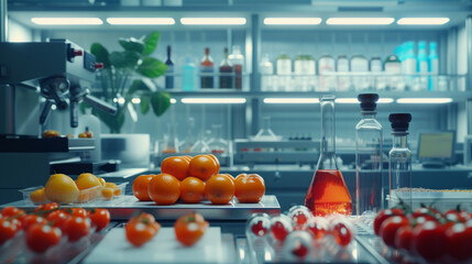 A modern food research laboratory with analytical instruments and testing equipment, momentarily still but ready to analyze food samples for quality control