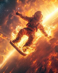 Astronaut engulfed in flames surfing in space - An intense cosmic adventure with an astronaut on a surfboard, surrounded by flames against a starry space backdrop
