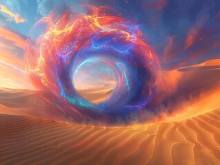 Vortex of fire and ice in desert landscape - An otherworldly composition of a fiery and icy vortex swirling in a serene desert environment at sunset - obrazy, fototapety, plakaty