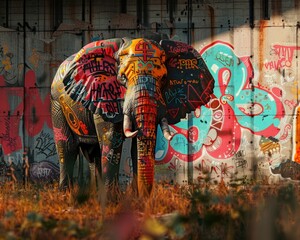 Graffiti elephant with urban decay background - Artistic depiction of an elephant set against a graffiti-covered wall, radiating urban decay vibes