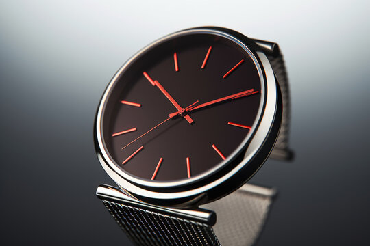 Analog watch with black face and red details. Exquisite luxury timepiece, clean lines and timeless aesthetic against a dark backdrop