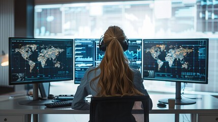 Rear view. A female network operator sitting in a office watching a worldwide network dashboard screen. Generative AI.