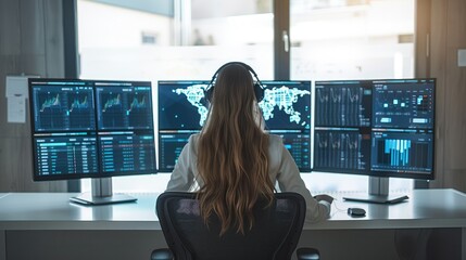 Rear view. A female network operator sitting in a office watching a worldwide network dashboard screen. Generative AI. - obrazy, fototapety, plakaty