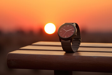 Hand watch clock on wood, orange sky of sunset with cloudy horizon. Timeless luxury sleek, minimalist wristwatch against a dark, uniform backdrop - Powered by Adobe