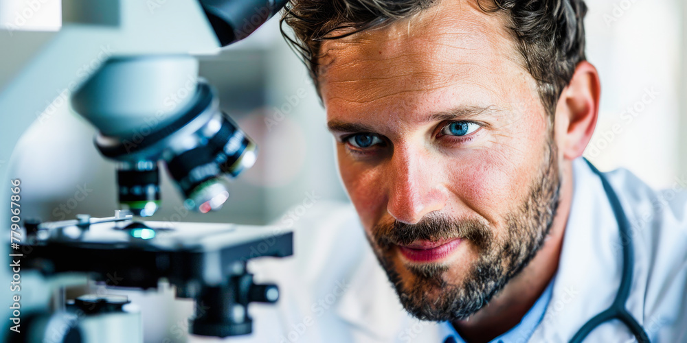 Poster a male scientist closely examining a sample through a microscope in a laboratory setting.