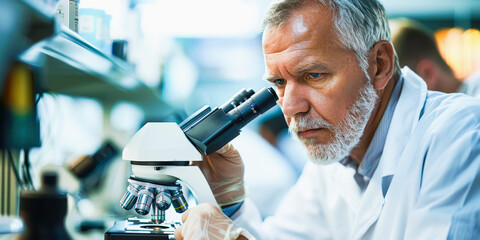 Senior scientist using a microscope in a laboratory setting, focused and analyzing samples.