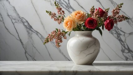 Vase and flowers isolated on white marble table and white marble backgrounds with copy space 