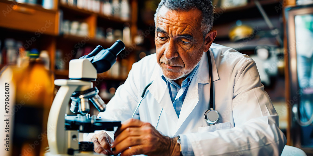 Poster a mature male scientist in a lab coat intensely examining a sample under a microscope in a laborator