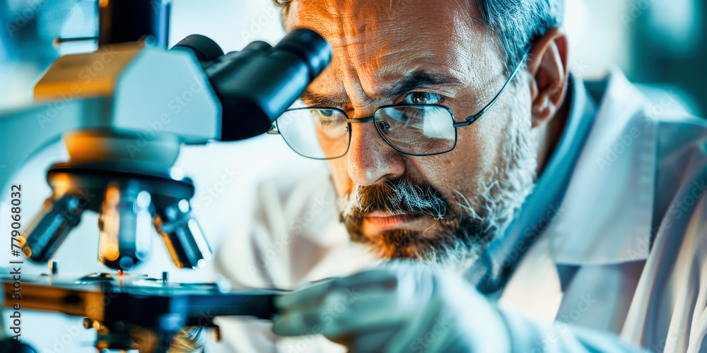 Poster focused scientist examining samples under a microscope in a laboratory setting, showcasing precision