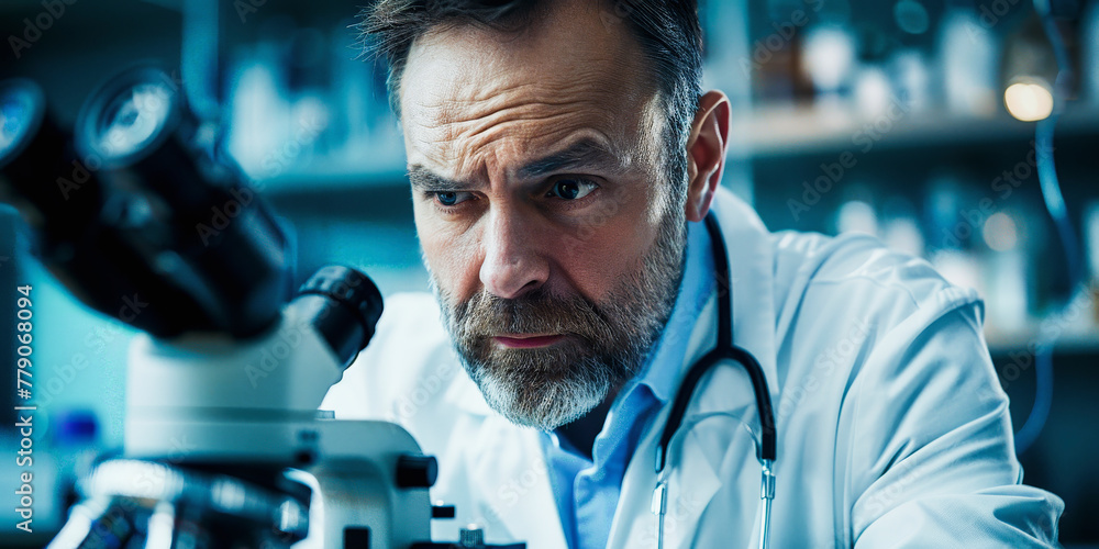 Poster focused scientist using a microscope in a laboratory, wearing a lab coat and a stethoscope, represen