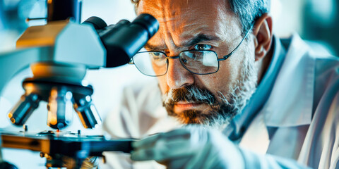 Focused scientist examining samples under a microscope in a laboratory setting, showcasing precision and concentration in research.