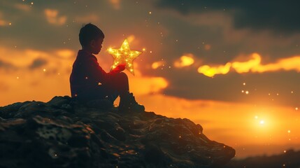 A young boy is holding a glowing star in his hand while sitting on a rock