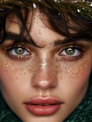 Fototapeta premium A woman with green eyes and a gold and silver eye shadow