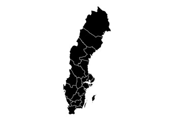 Mapa negro de Suecia en fondo blanco.