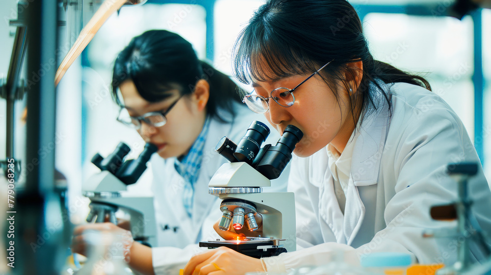 Poster two scientists examining samples under microscopes in a laboratory setting, focusing intently on the