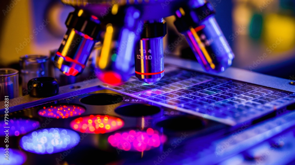 Poster close-up of a scientific microscope with illuminated samples, likely in a research laboratory settin