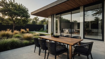 View of luxurious modern house exterior with dining space and garden