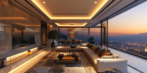 Ampio soggiorno minimalista con finiture in cemento, ampio e lussuoso divano, grandi vetrate  e luce naturale