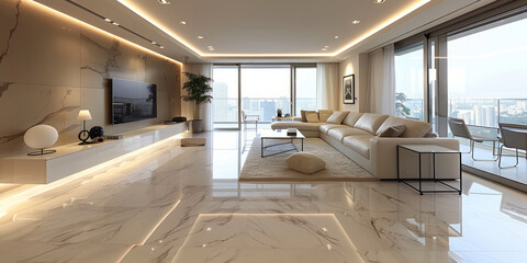 Ampio soggiorno minimalista con finiture in cemento, ampio e lussuoso divano, grandi vetrate  e luce naturale