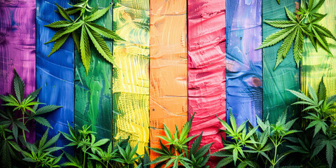 A colorful rainbow flagged background with cannabis leaves pattern overlay, symbolizing LGBTQ+ pride and cannabis culture intersection.