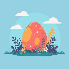 Fototapeta premium Decorative Easter egg on grass with blue background and clouds, vector illustration