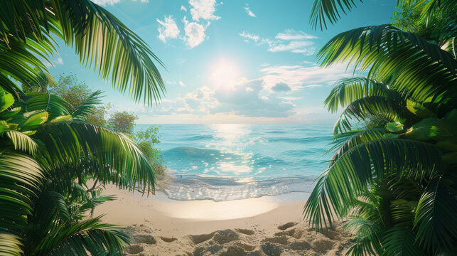sfondo estivo , palme a cornice di splendida spiaggia bianca e mare cristallino